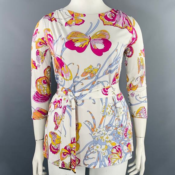 EMILIO PUCCI Size 12 White Pink Butterflies 3/4 Sleeves Casual Top - Picture 1 of 8